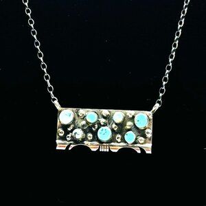 Steve Francisco—Navajo Silver Bar Necklace with 7 Kingman Turquoise Stones —NWOT